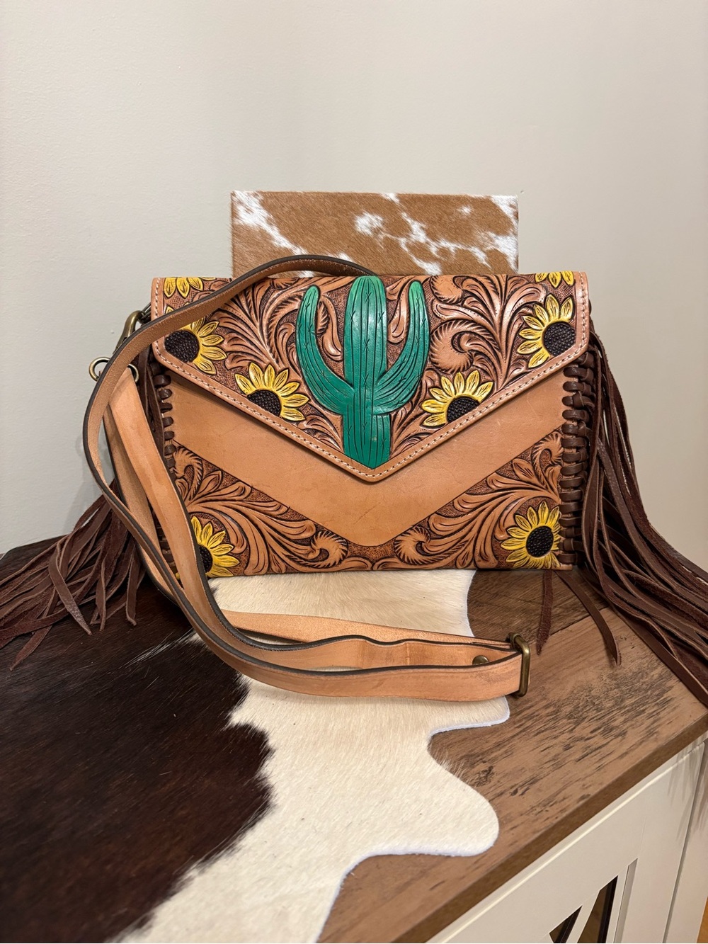 American Darling Tooled Leather Cactus & Sunflower Crossbody Bag/Clutch